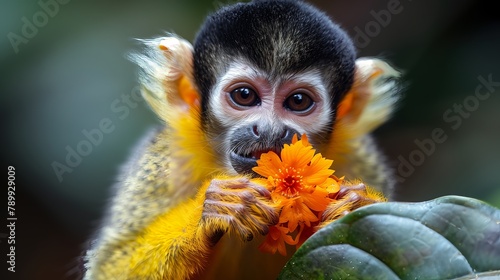 A marmoset primate holds a flower in its mouth, captured in macro photography photo