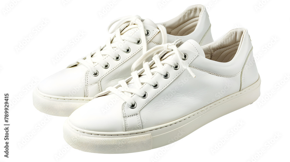 White leather sneakers with shoelaces bows isolated on white background