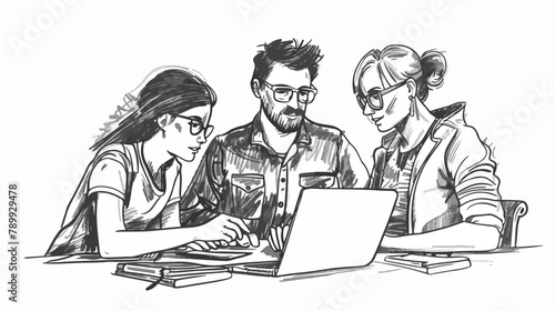 Engineer team working by laptop computer. Hand drawn