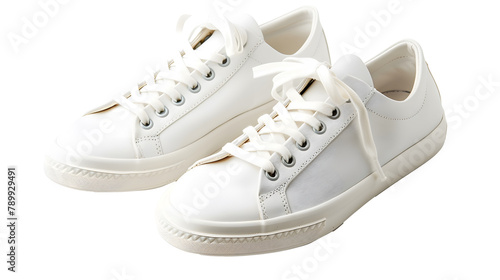 White leather sneakers with shoelaces bows isolated on white background
