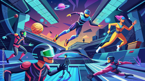 Futuristic Sports Game in the Metaverse: Athletic Avatars Vector Illustration