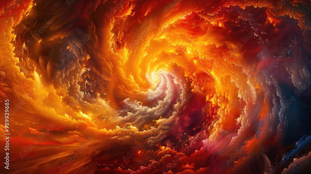 A dazzling vortex in red, orange, and blue tones captures the essence of a dynamic celestial event - obrazy, fototapety, plakaty 