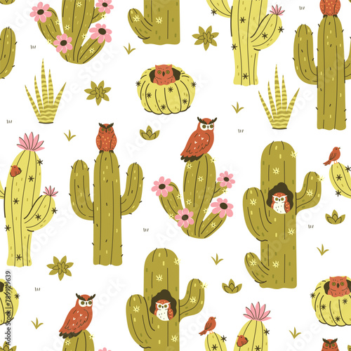 Desert seamless pattern with owls and cacti. Vector graphics. © Екатерина Зирина
