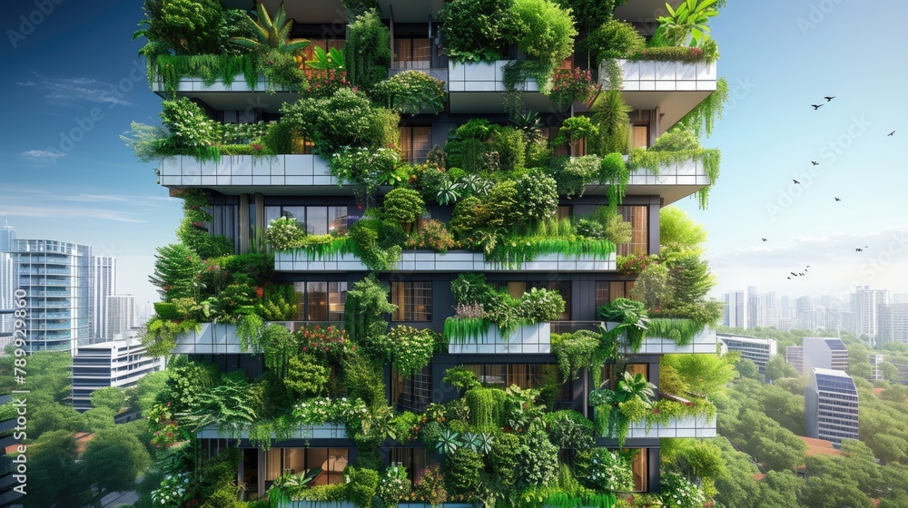 A building adorned with lush greenery, numerous balconies, and towering trees, harmonizing urban design with nature's touch in the cityscape. AIG41