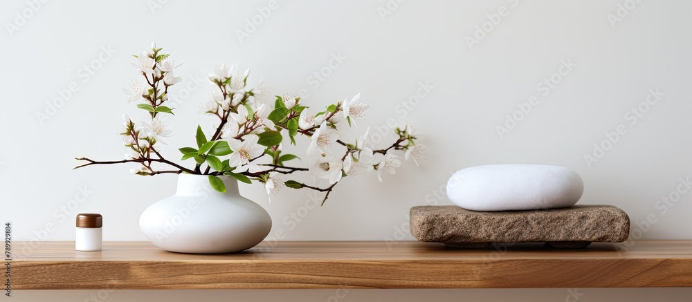 A vase with flowers and a stone on a shelf A vase with flowers and a stone on a shelf