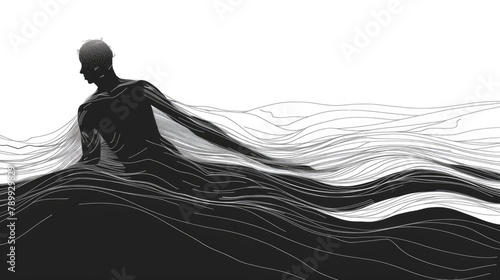 Abstract black and white illustration depicting a man navigating through a stream of problems, symbolizing struggle and perseverance