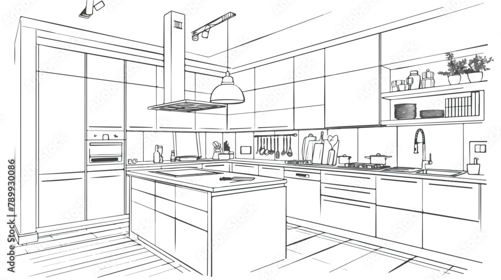 Modern kitchen furniture interior design with utensils