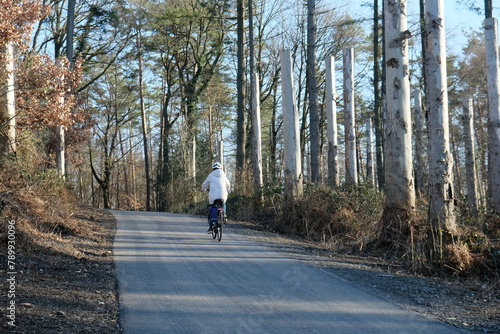 FU 2023-02-20 SiegHennef 204 Ein Radfahrer fährt den Waldweg entlang