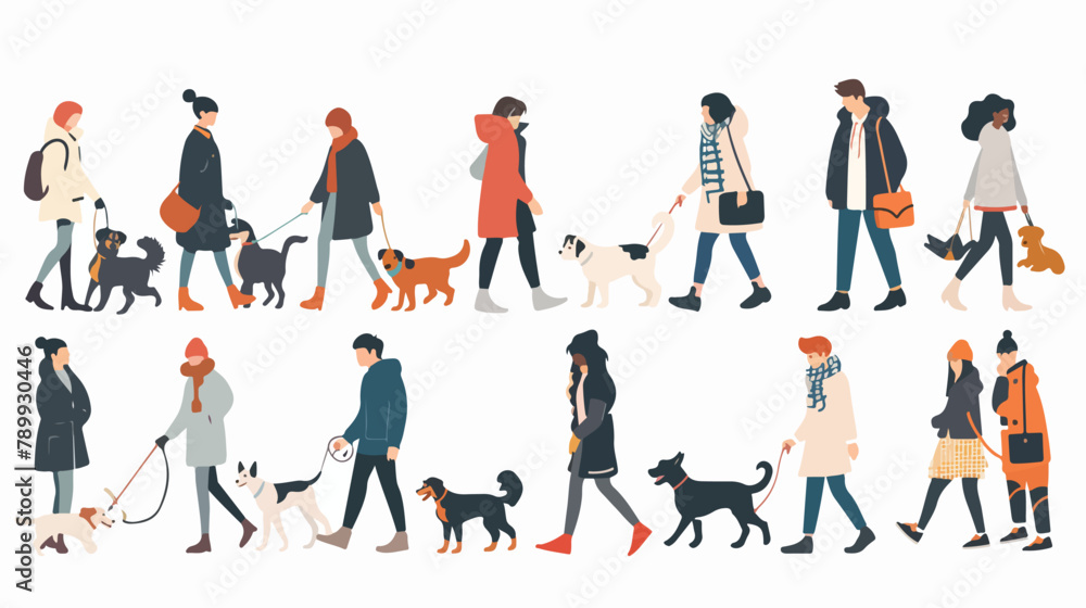 People walking with dogs. Colorful flat illustration.