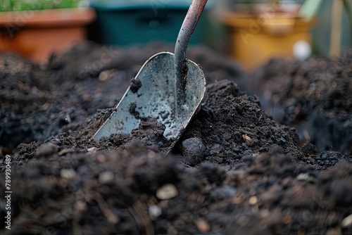 Digging the spring soil with a shovel. Close-up, shallow depth of field. generative ai