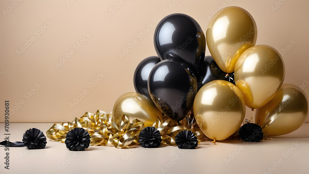 Bunch of black and golden balloons and ribbons on a beige background Bunch of black and golden balloons and ribbons on a beige background