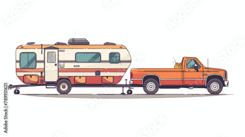 Pickup truck and trailers caravan isolated. Vector flat