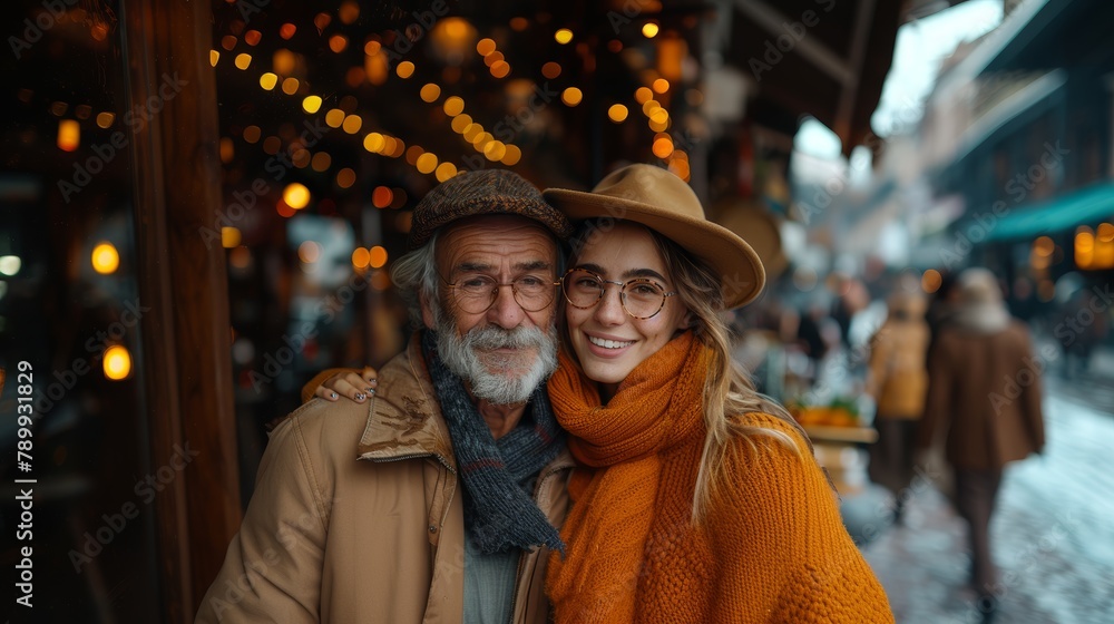 An elderly man and his young adult daughter share a warm embrace, smiling joyfully on a lively city street adorned with festive lights.