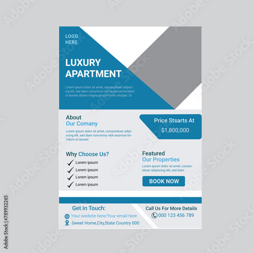 Real Estate Agency Flyer Template Design With four color accents. marketing material for property mortgage agency. Poster design for house buy and sell company.