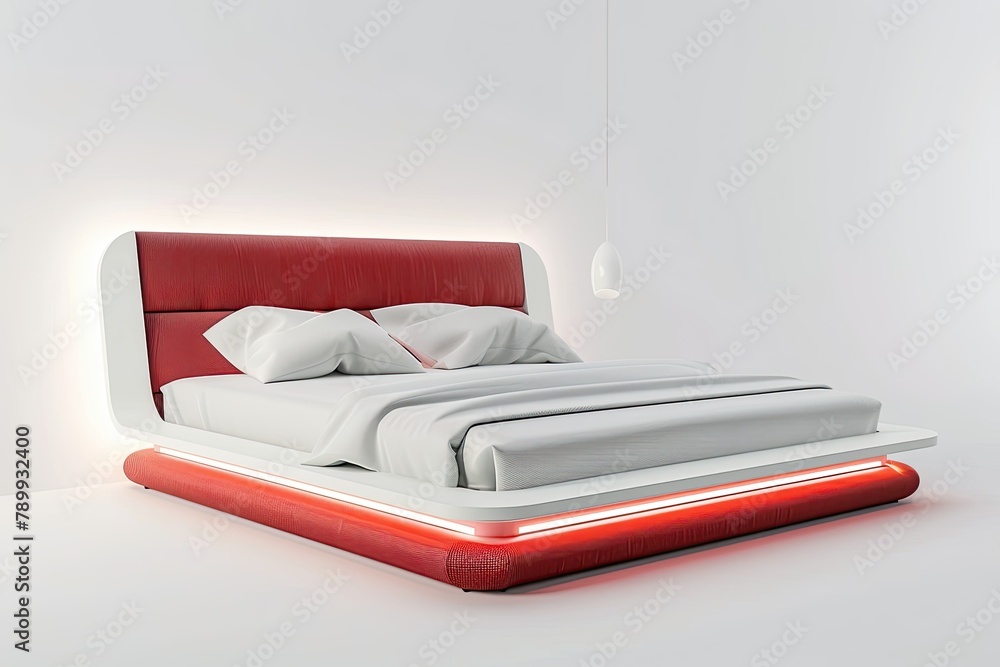 modern white and red wooden bed with minimalist design and led light isolated on white background modern white and red wooden bed with minimalist design and led light isolated on white background