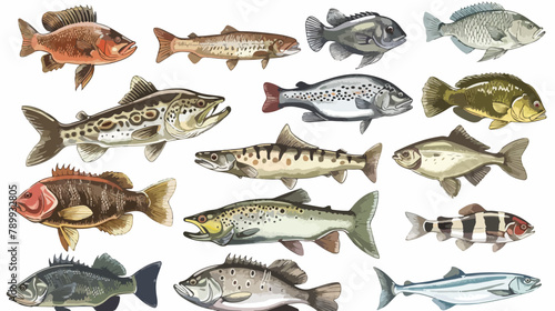 Freshwater fish set. Vector illustration of different