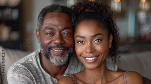 Loving mature black couple sharing a joyful moment. Their smiles exemplify a deep bond and contentment in each other's company, portraying warmth and love.