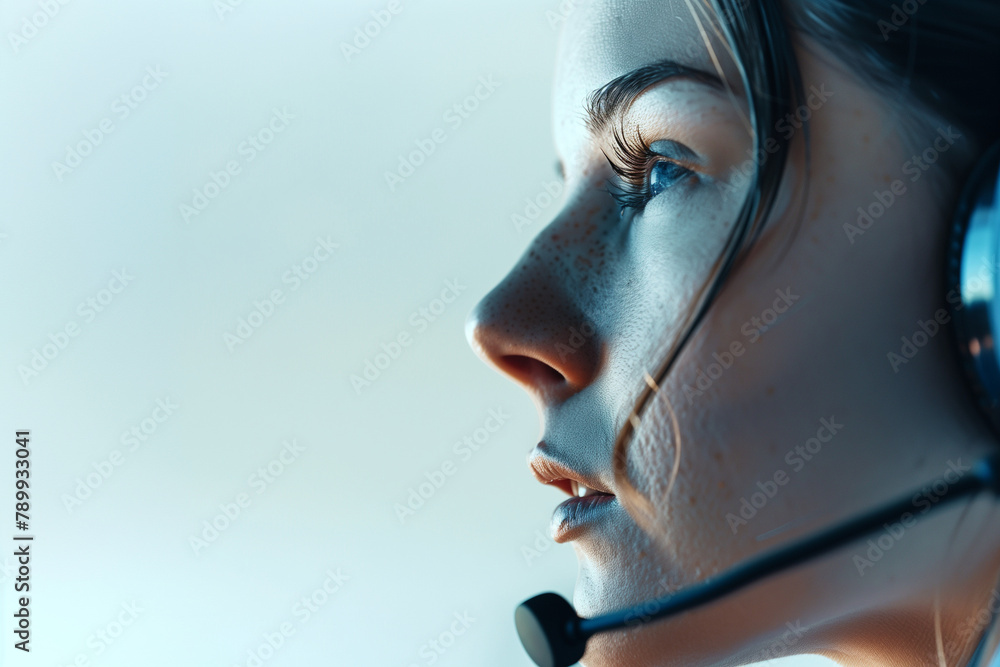 close-up of the concentration of a customer service representative wearing a headset, attending to inquiries and resolving issues with efficiency, against a white background, empha - obrazy, fototapety, plakaty 