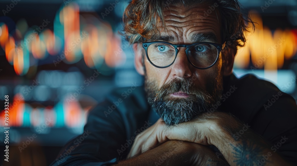 Business man with glasses looks pensively in an office with ambient lighting. His tattooed arms and intense gaze indicate stress and deep thought. Business man with glasses looks pensively in an office with ambient lighting. His tattooed arms and intense gaze indicate stress and deep thought.