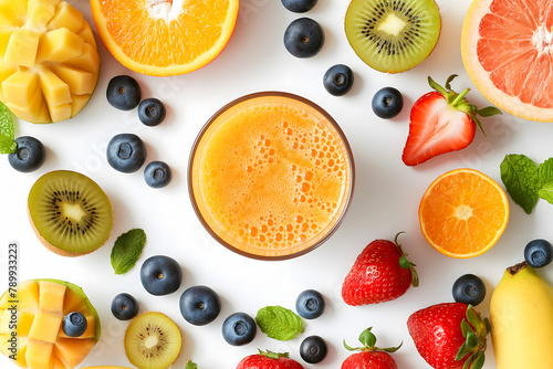 Glass of fresh smoothie and ingredients on white background  top view