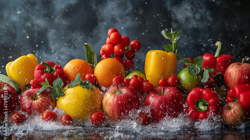 create amazing ,food photography, fruits annd vegetables flying, bananas, bell peppers, apples, oranges, lemons, herbs Hasselblad, film, moody, award winning photography poster. photo