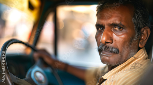 copy space, stockphoto, close-up of a middle aged indian taxi driver in his taxi. Male Indian taxidriver, sitting in his taxi, close-up portrait. Transportation theme. © Dirk
