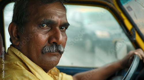 copy space, stockphoto, close-up of a middle aged indian taxi driver in his taxi. Male Indian taxidriver, sitting in his taxi, close-up portrait. Transportation theme.
