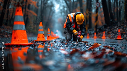 Dedicated construction worker in a reflective safety vest is shown meticulously repairing a wet road, surrounded by bright orange safety cones and autumn leaves.