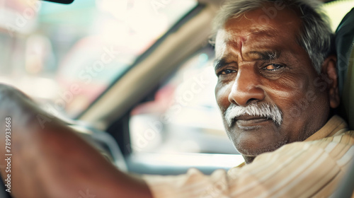 copy space, stockphoto, close-up of a middle aged indian taxi driver in his taxi. Male Indian taxidriver, sitting in his taxi, close-up portrait. Transportation theme.