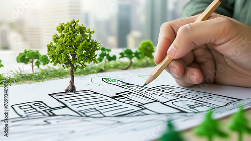 Person sketching a sustainable green city concept with eco friendly buildings and a tree on paper. Generative Ai photo