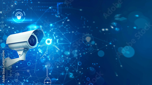 Contemporary CCTV Camera with Abstract Network Interface and Cyber Connections