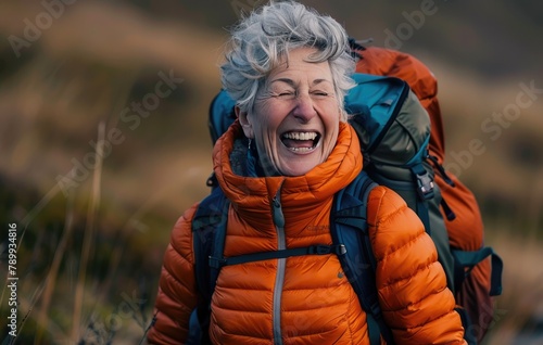 A Joyful Moment  Elderly Woman Embarks on an Adventurous Hike