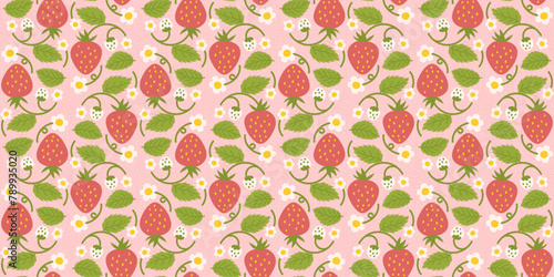 Seamless pattern design showcasing strawberries, sweet berries, flowers, green foliage. Recurrent surface design suitable for children clothing, fabrics, gift wrapping, and other applications.