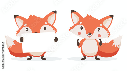 Red cute foxes holding empty banner placard with place © Blue
