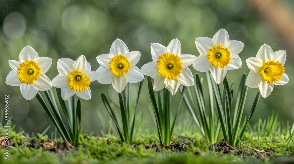   White and yellow blooms dot a verdant swath of grass Behind, a forest backdrop looms