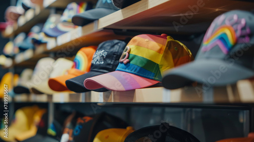 Assorted Pride-themed caps displayed in a shop celebrating diversity and inclusion