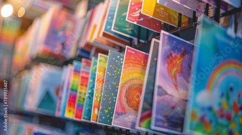Vibrant greeting cards showcasing rainbow themes on a display rack in a stationery shop