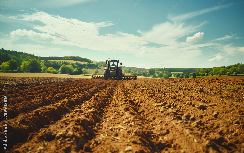 Tractor plowing fields under sunny sky Tractor plowing fields under sunny sky
