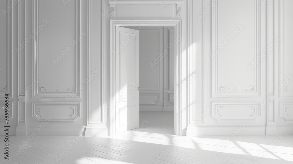 A large white room with a door open to the left. The room is empty and has a very clean and minimalist look A large white room with a door open to the left. The room is empty and has a very clean and minimalist look