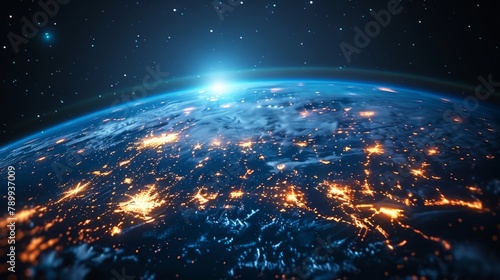 Earth with clouds, dark space with stars, connectivity, environmental protection, communication, networking, visualization, iot, blockchain, Earth