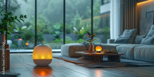 Cute smart home devices as animated, helpful sidekicks in a user's cozy, futuristic living space photo