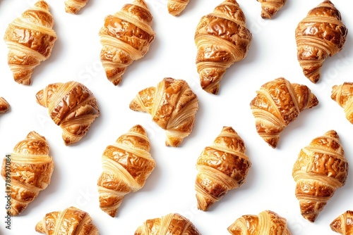 Croissants pattern on white background. Flat lay, top view