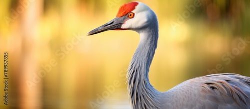 A bird with a crimson head and elongated neck