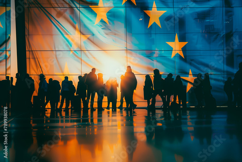 EU Flag and silhouetted people. Concept of Schengen visa, migration to the European Union and EU law making. © henjon