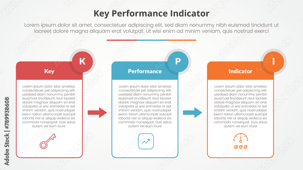 KPI key performance indicator model infographic concept for slide presentation with table box and arrow direction with 3 point list with flat style