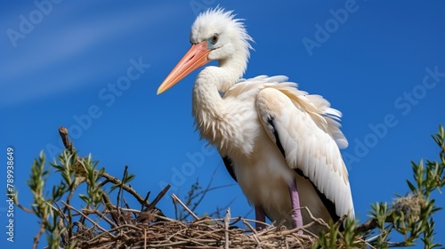  Stork in its nest against blue sky, closeup of bird with long beak and white feathers perched on top.
