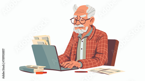 Senior man earning money. laptop. Hand drawn style Vector