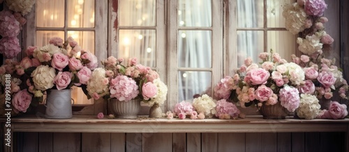 Flowers in vases on window sill photo