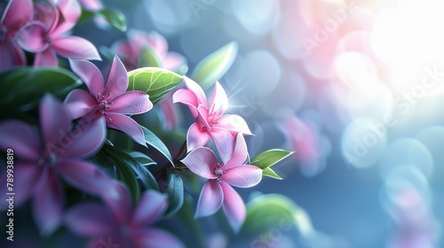  A tight shot of pink blooms against a backdrop of blue, green foliage, and a radiant light source behind