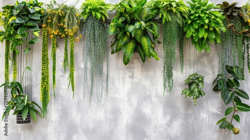  A wall-mounted cluster of green plants adjacent to a potted plant against a white background